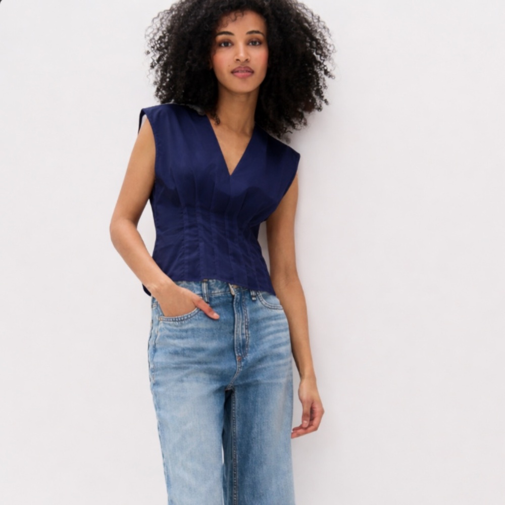 Rag & Bone Ines V-Neck Cotton Poplin Top in Navy/Slate Blue